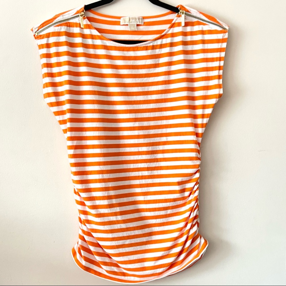 Michael Kors Orange/White Stripes Sleeveless Gold Zippers Ruching Detail Size L
